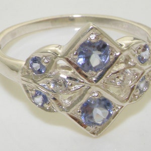 Delicado anillo de plata de ley 925 con diseño de racimo de circonita cúbica y tanzanita natural, estilo antiguo inglés vintage