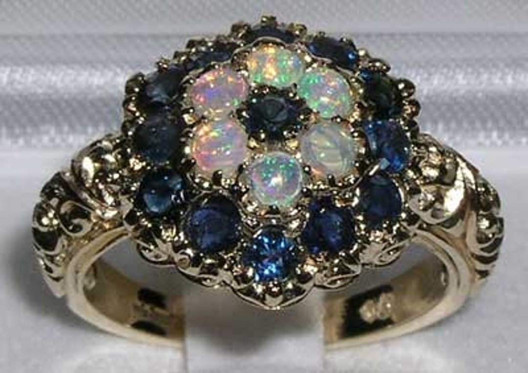 Large 9K Yellow Gold Dark Blue Sapphire & Colorful Opal - Etsy