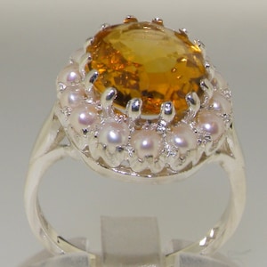 Large Natural Citrine with Freshwater Pearl Halo Ring, Solid 925 Sterling Silver Cocktail Ring - Customizable