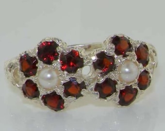 Pretty Double Daisy Ring, 925 Sterling Silver Freshwater Pearl & Garnet Ring, Victorian Style Scroll Carved Two Flower Ring - Customizable