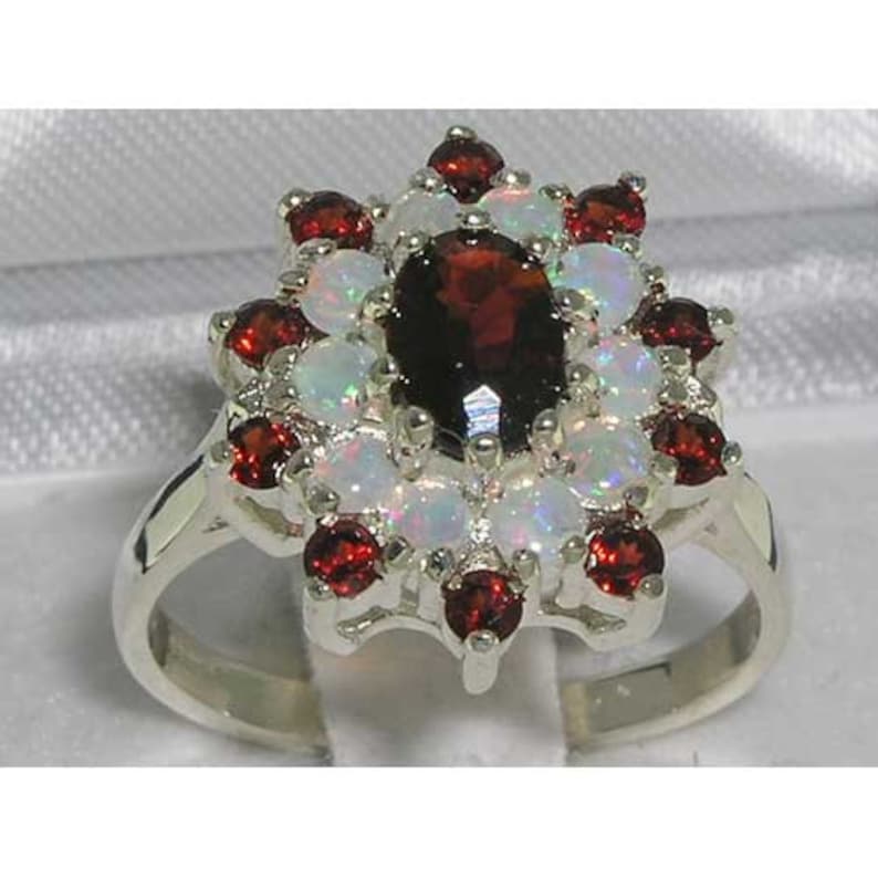 English Vintage Design Ring Customizable Solid 925 Sterling Silver Natural Garnet /& Colorful Opal Large 3 Tier Cluster Flower Ring