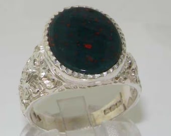 Mens Bloodstone Signet Ring, Sterling Silver Vintage Design