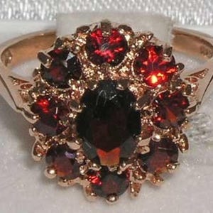 9K Rose Gold Natural Garnet Engagement Ring, English Antique Style Floral Ring, Cluster Flower Ring - Made in England -Customize:14K,18K