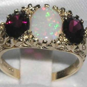 Large 9K Yellow Gold Natural Colorful Opal & Rhodolite Garnet Antique Art Nouveau Deco Design Ring, English Vintage Scroll Design Ring