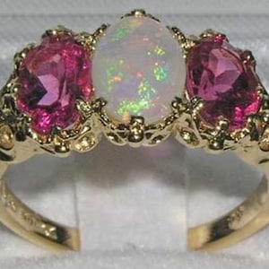 9K Yellow Gold Natural Opal & Pink Tourmaline 3 Stone Trilogy Ring, Victorian Style Ring - Made in England - Customizable