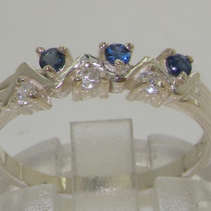 Contemporary Natural Three Diamonds and Three Light Blue Sapphires 925 Sterling Silver Zig Zag Ring, V Ring - Made in England - Customizable