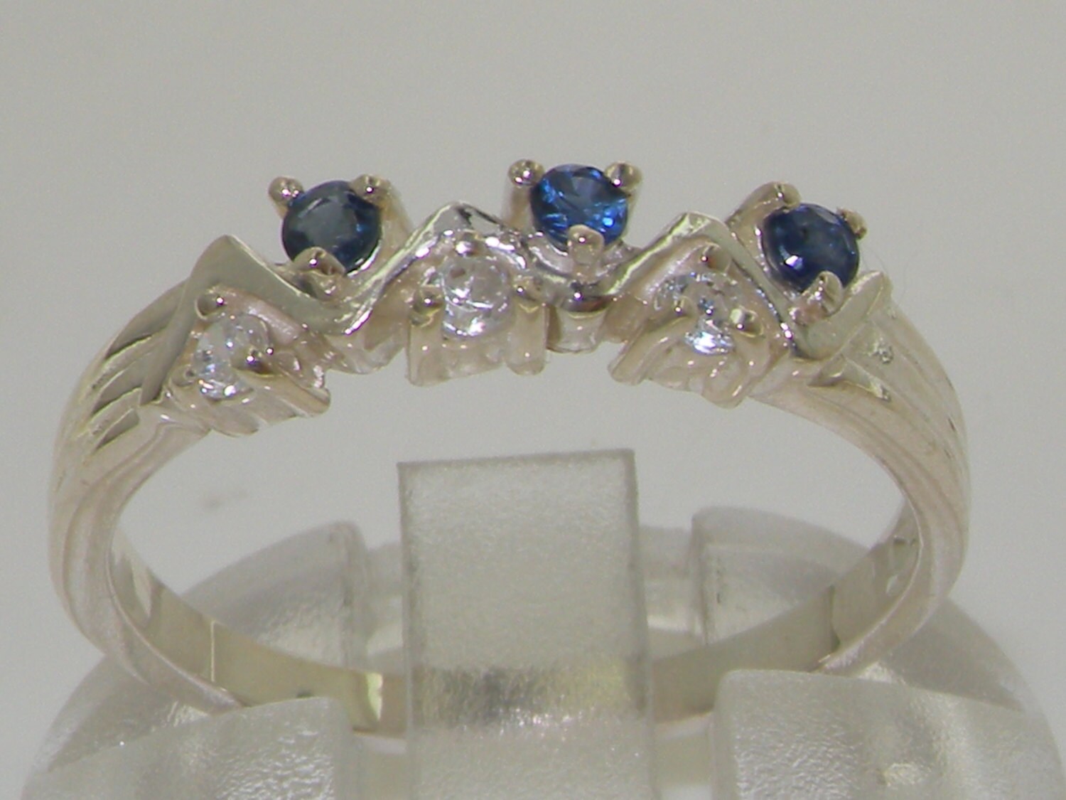Contemporary Natural Three Diamonds and Three Light Blue Sapphires 925 Sterling Silver Zig Zag Ring, V Ring - Made in England - Customizable