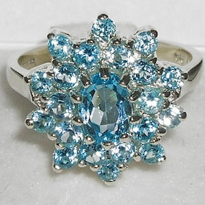 Solid 14K White Gold Natural Blue Topaz Tier Cluster Flower Cocktail Ring -Made in England - Customize:9K,14K,18K,Yellow,White Gold