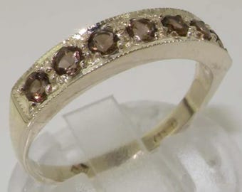 English 925 Sterling Silver Natural Smoky Quartz Ring, Anniversary Ring, Half Eternity Seven Stone Band - Customize: Platinum, 10K, 14K, 18K