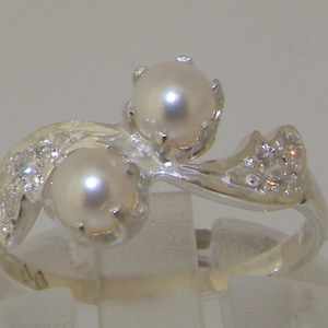 925 Sterling Silver Natural Pearl & Diamond Dainty Floral Swirl Design Ring | Silver Pearl Ring | Silver Diamond Ring | Pearl and Diamond