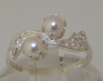 925 Sterling Silver Natural Pearl & Diamond Dainty Floral Swirl Design Ring | Silver Pearl Ring | Silver Diamond Ring | Pearl and Diamond