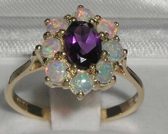 9K English Yellow or Rose Gold Natural Amethyst and Opal Cluster Flower Engagement -Made in England