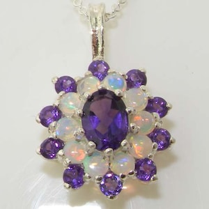 925 Solid Sterling Silver Natural Amethyst & Opal Ornate Vibrant 3 Tier Cluster Flower Pendant Necklace - Made in England