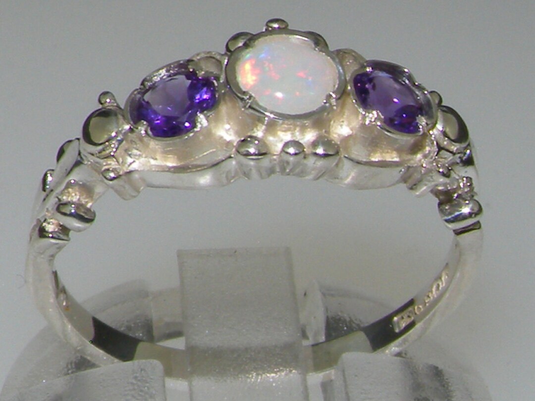 925 Solid Sterling Silver Natural Opal & Amethyst Womens Trilogy Ring ...