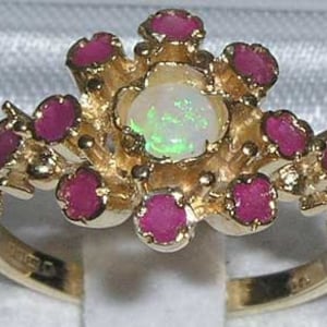 9K English Yellow Gold Victorian Style Natural Opal & Ruby Unique Cluster Flower Ring -Made in England -Customize:14K,18K,Yellow,Rose,White