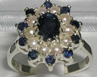 Solid 925 Sterling Silver Natural Deep Blue Sapphire & Freshwater Pearl Cluster Flower Ring, English Vintage Design Ring - Customizable