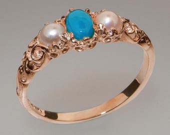 9k Rose Gold Natural Turquoise & Pearl womens Trilogy Ring - Customizable 9K,10K,14K,18K Yellow, Rose or White Gold or Platinum