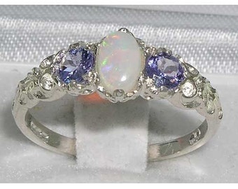925 Sterling Silver Natural Australian Opal & Tanzanite Trilogy Ring, Victorian Inspired Three Stone Ring, Promise, Engagement, Wedding