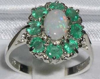 English 14K White Gold Natural Colorful Opal & Emerald Ring, Antique Style Flower Cluster Ring, Alternative Engagement Ring -Customizable