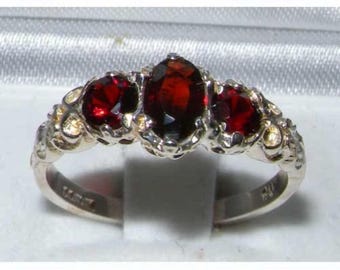 Solid 925 Sterling Silver 3 Natural Garnet Vintage Style Ring, English Antique Design Carved Ring, Trilogy Band,  Ring - Customizable