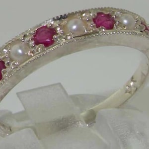 Solid Sterling Silver Natural Ruby & Pearl Half Eternity Band, Anniversary,  Ring - Made in England -Customize:10K,14K,18K