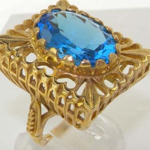 9K Yellow Gold Large Blue Topaz Solitaire Ring | Heart Ring | Filigree | Cocktail Ring | English Vintage Inspired Ring | Gold Topaz Ring