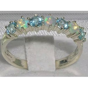Sterling Silver Opal & Blue Topaz Ring, English Half Eternity Band