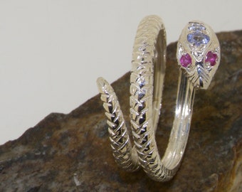Sample Sale! Just Made in 925 Sterling Silver Tanzanite and Ruby Snake Ring | Double Wrap Ring | Serpent | Finger Size US 10 1/2 UK U 1/2