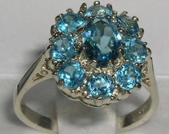 9K White Gold Natural Blue Topaz English Antique Style Ring, Floral Cluster Ring - Made in England -Customize:14K, 18K Gold