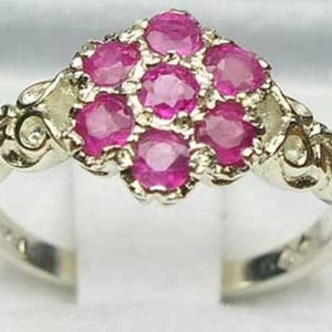Small Flower Ring,  925 Sterling Silver Natural Natural Ruby Daisy Pave Ring, Victorian Style Carved Ring - Made in England - Customizable
