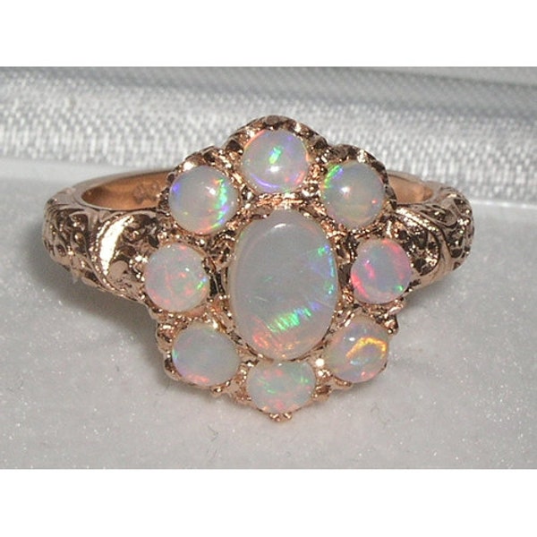 Solid 9K Rose Gold Natural Colorful Opal Victorian Style Cluster Flower Engagement Ring, English Foliage Scroll Carved RIng - Customizable