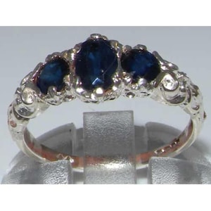 925 Sterling Silver Dark Blue Sapphire Promise Ring, English Antique Style Carved Ring, 3 Stone Trilogy Romantic Ring - Customizable