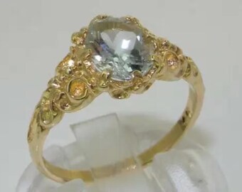 14K Gelbgold natürlicher Aquamarin Solitärring, Alternative Verlobungsring, englischer viktorianischer Stil - März Geburtsstein - Individuell anpassbar