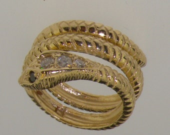 14K Gold Snake Ring | Natural Diamond & Black Diamond Snake Ring | Yellow Gold Snake Ring