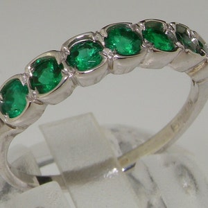 Stunning 18K White Gold Fine Grade Emerald Half Eternity Ring, Anniversary Band Customizable with different gemstones or gold carat image 2