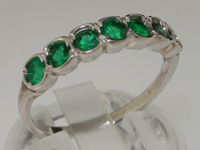 Stunning 18K White Gold Fine Grade Emerald Half Eternity Ring, Anniversary Band Customizable with different gemstones or gold carat image 2