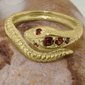 Yellow Gold Natural Garnet Womens Band Snake Ring - Customizable 9K,10K,14K,18K, Yellow, Rose or White Gold or Platinum