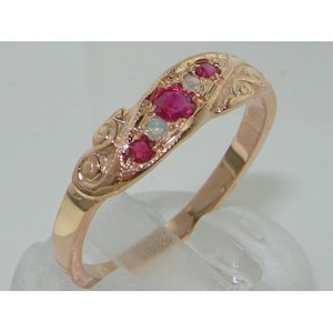 Dainty 9K Rose Gold Natural Ruby & Colorful Opal Dainty Ring, Unique English Vintage Style Scroll Eternity Band - Customizable
