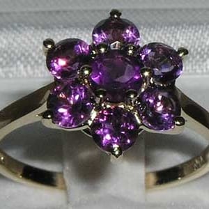 Solid 9K Yellow Gold Natural Amethyst Cluster Flower Ring, English Antique Design Floral Ring - Customizable