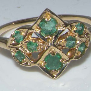Dainty 9K 375 Yellow Gold Natural Emerald Cluster Ring, English Antique  Vintage Style Botanical Design Ring