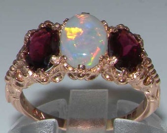 English Victorian Style 9K Rose Gold Natural Opal & Rhodalite Garnet 3 Stone Trilogy Ring - Made in England - Customizable