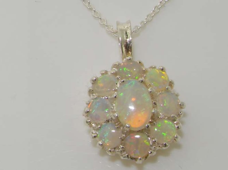 Opal Pendant, Solid 925 Sterling Silver Natural Australian Opal Cluster Flower Pendant Necklace Made in England image 2