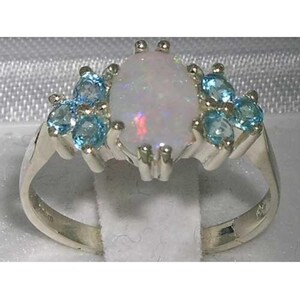 Solid 925 Sterling Silver Natural Australian Opal & Blue Topaz Ring