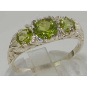 Solid 925 Sterling Silver Natural Peridot Art Nouveau Deco Carved Ring, English Antique Style 3 Stone Trilogy Ring - Customizable