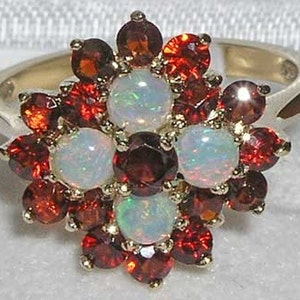 9K 9ct Yellow Gold Natural Garnet & Colourful Opal Floral Ring, English Vintage Unique Cluster Flower Ring - Customizable