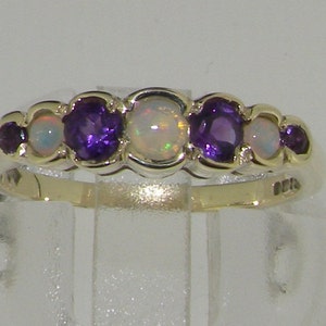 9K White Gold Natural Opal & Amethyst 7 Stone Eternity Anniversary Ring -Made in England -Customize:9K,14K,18K,Yellow, Rose,White Gold