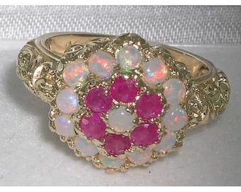 Großer 9K Gelbgold natürlicher bunter Opal- und Rubin-Verlobungsring, Cluster-Blumenring, englischer Blumenring im viktorianischen Stil