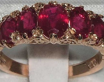 Fabulous Solid 14K Rose Gold Ruby Vintage Design Eternity Five Stone Engagement Ring  - Made in England - Customize your Stones & Gold Color
