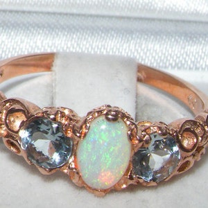 Solid 14K Rose Gold Natural Colorful Opal & Aquamarine English Vintage Style Trilogy Scroll Carved Ring Made in England Customizable image 3