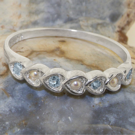 White Gold Pearl Aquamarine Eternity Ring Customizable 9K,10K